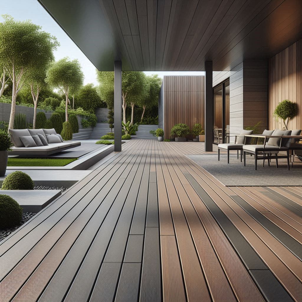 Outdoor composite decking with wood-plastic boards surrounding a patio in a garden setting.