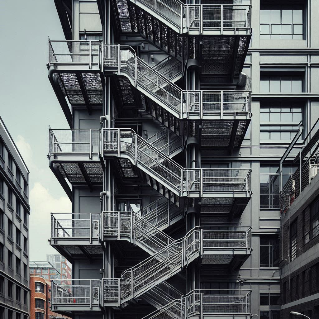 Exterior emergency stairs made of steel, zigzagging down the side of a multi-story building.