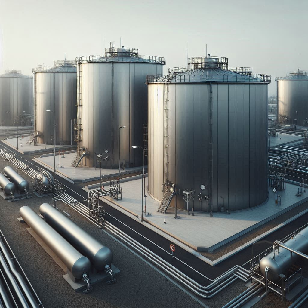 Large steel fuel storage tanks and air receiver tanks in an industrial facility with safety equipment.