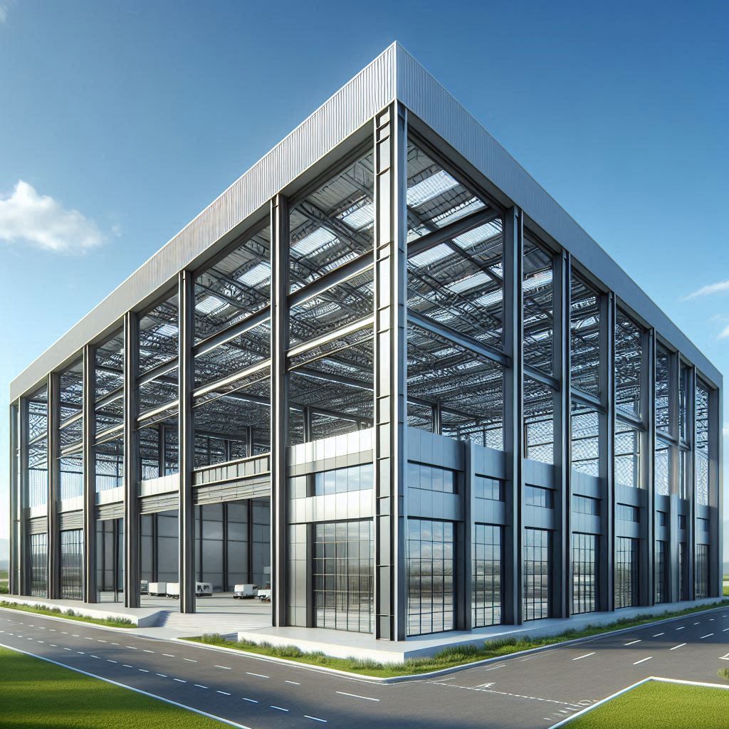 A modern Pre-Engineered Building (PEB) with a steel framework and metal exterior panels in an industrial setting.