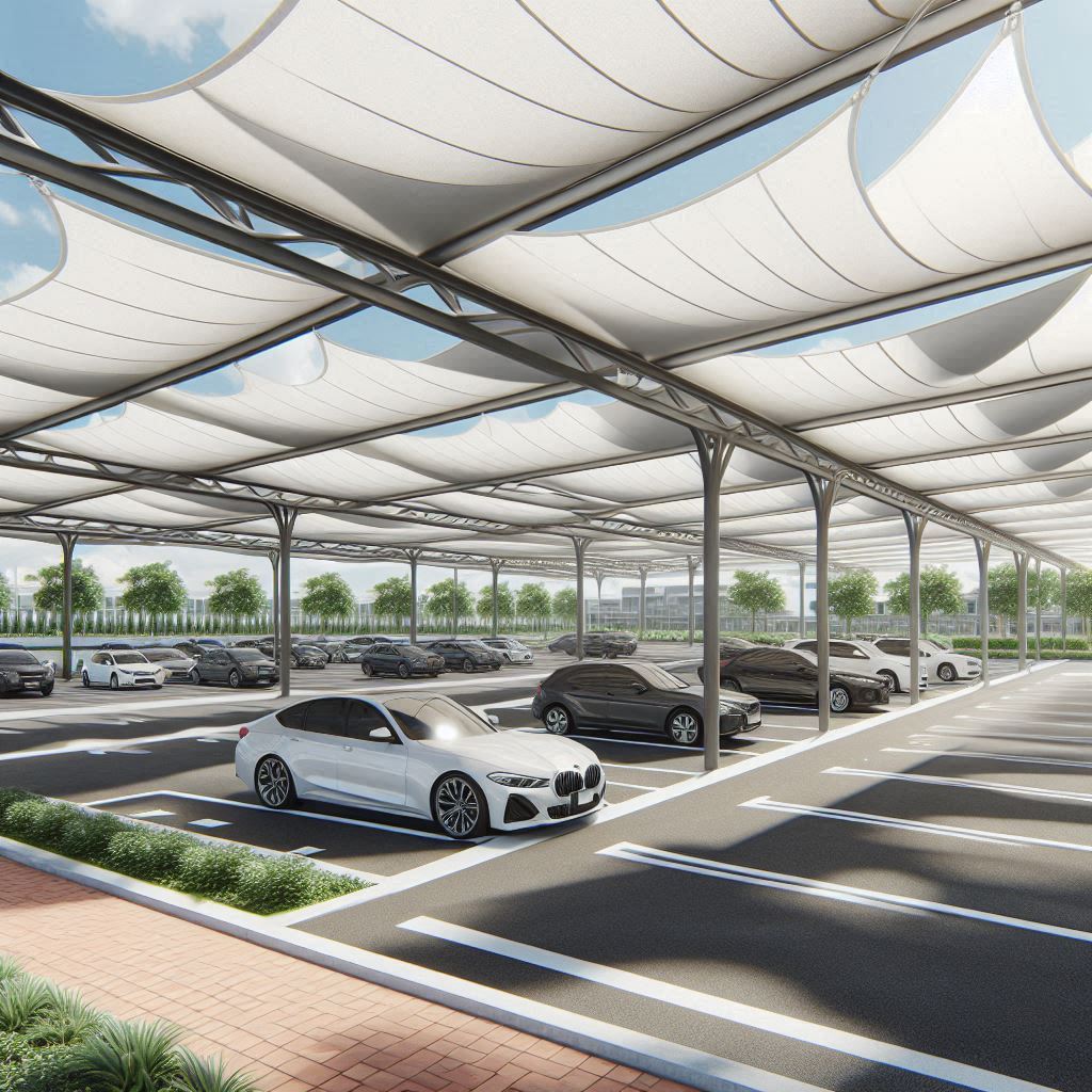 Tensile car parking structure with white fabric canopies providing shade for parked cars.